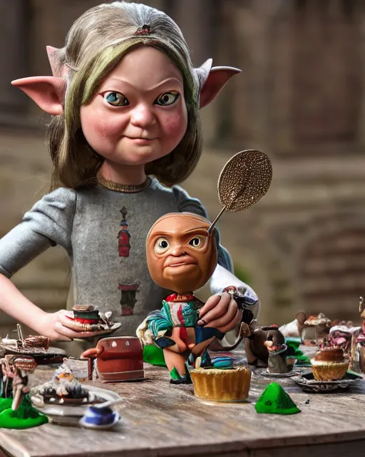 Image similar to highly detailed closeup, face profile portrait of a tin toy greta thunberg as a medieval goblin eating cakes in a castle, bikini, depth of field, nicoletta ceccoli, mark ryden, lostfish, dan decarlo, bob clampett, max fleischer, detailed and intricate environment, 8 k resolution, hyperrealistic, octane render