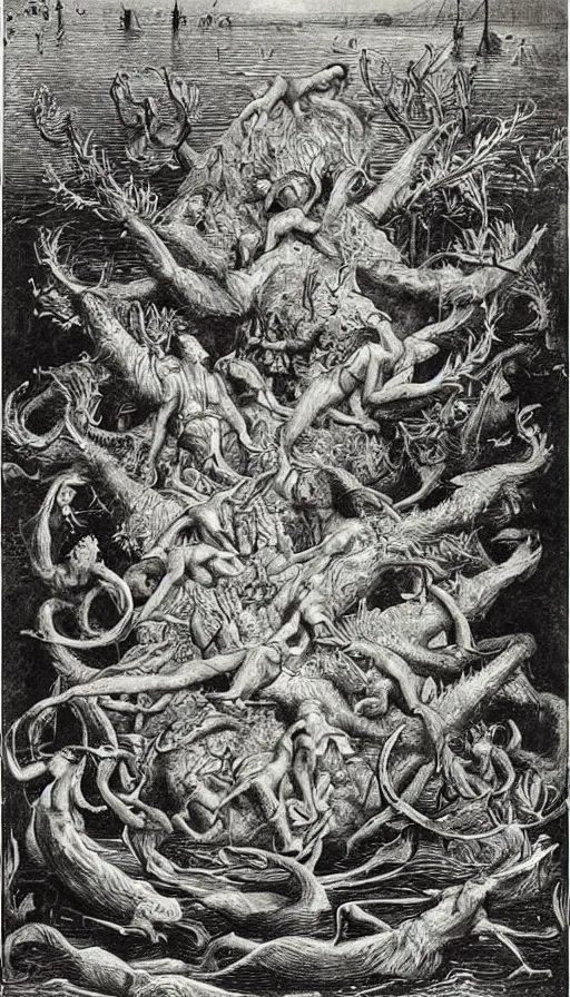 Image similar to man on boat crossing a body of water in hell with creatures in the water, sea of souls, by ernst haeckel