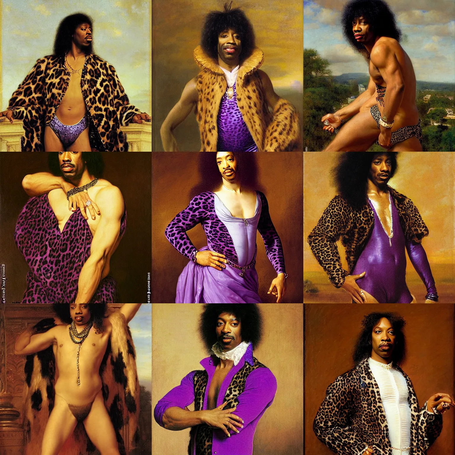 Image similar to portrait of Rick James wearing a purple leopard print leotard, masterpiece by Eugene de Blaas