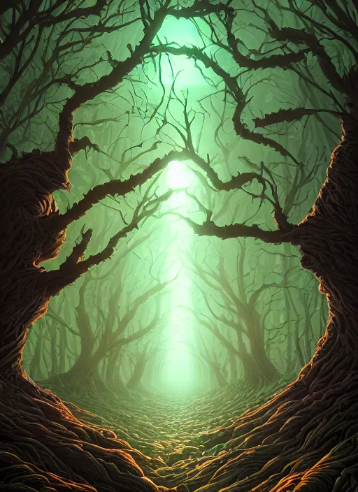 Image similar to evil tree in a dark forest by dan mumford, yusuke murata, makoto shinkai, ross tran, cosmic, intricate detail, cinematic, 8 k, cel shaded, unreal engine, featured on artstation, pixiv