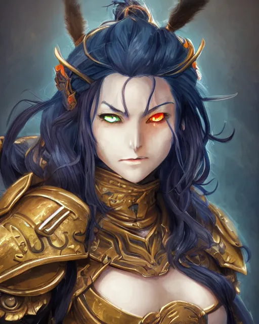 Image similar to An anime portrait of a beautiful D&D half-orc female with long wavy dark blue hair, bright orange eyes, intricate full body armour, fantasy soldier, by Stanley Artgerm Lau, WLOP, Rossdraws, James Jean, Andrei Riabovitchev, Marc Simonetti, and Sakimichan, highly detailed, ultra detailed, golden hour, trending on artstation, cgstudio