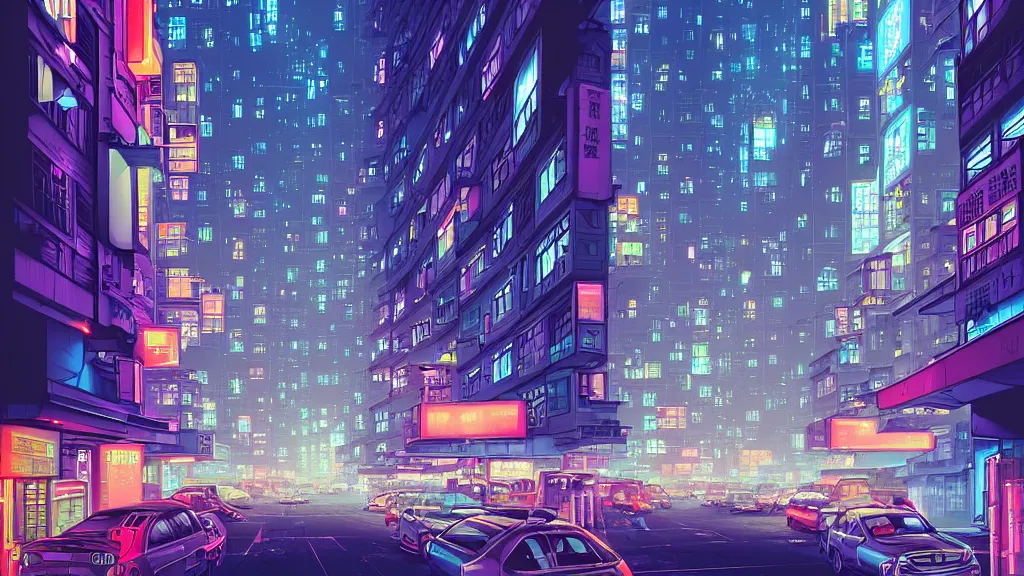 Prompt: street level view looking down the street of futuristic hong kong city at night by cyril rolando and naomi okubo and dan mumford and ricardo bofill. advertisements. neon. tower blocks.