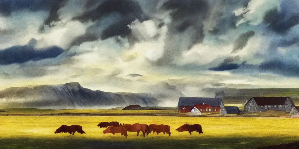 Image similar to a beautiful painting of a icelandic farm, one icelandic horses galloping, storm clouds gathering over the town, by studio ghibli 8 k pastel colours, isometric, six point perspective, drone shot, smeared watercolours, golden light, film grain