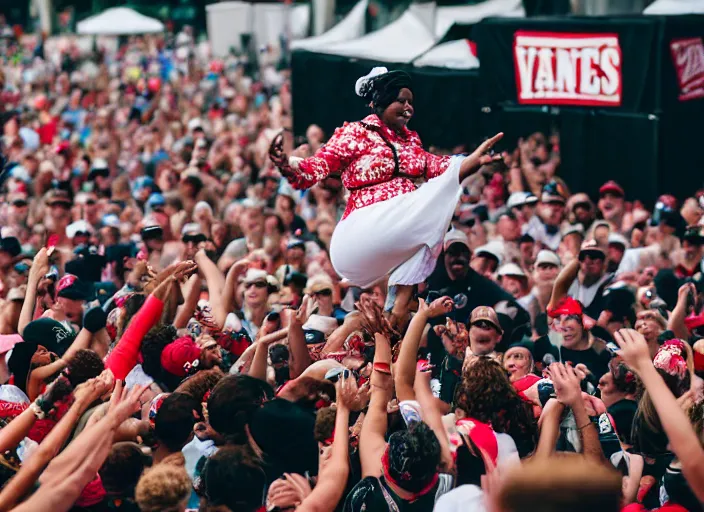 Image similar to photo still of aunt jemima in period attire at vans warped tour!!!!!!!! at age 4 0 years old 4 0 years of age!!!!!!! on stage diving into the crowd, 8 k, 8 5 mm f 1. 8, studio lighting, rim light, right side key light