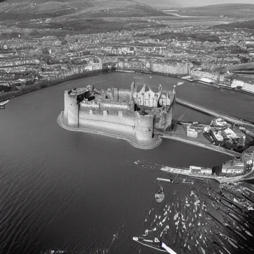 Prompt: aerial photo of submerged underwater edinburgh castle surrounded by seas with seas in the background