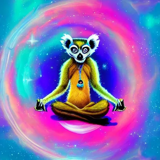 Prompt: abstract Lemur in inspiring yoga pose, breathtaking cosmic colors and stars, abstract digital art artstation