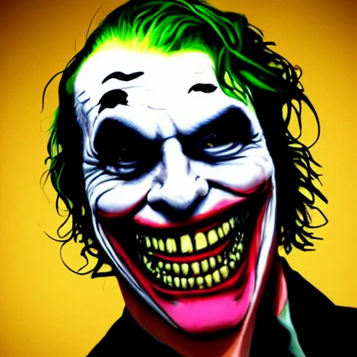 Image similar to joker, smiling, unnatural grin, horror, creepy, smoke, black, dark, glow