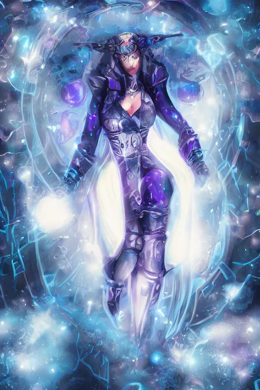 Image similar to Path of Exile, Maven, blue eyes female image with silver purple hair among colourful lights, dark blue spheres fly around, Anachronism, painting, dark fantasy, steampunk, 4k