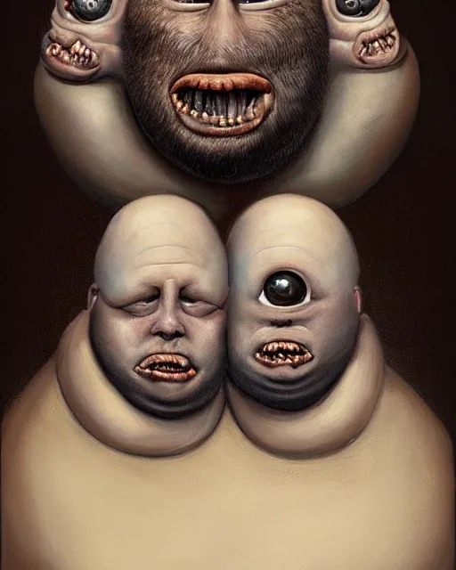 Image similar to Two-headed portrait Painting of a chubby fat EXTRATERRESTRIAL creature with big bulging eyes, white milky eyes, eyeballs, two heads, flabby skin, excess skin hanging from cheeks, straw-like beard growing from face, disgusting, creepy, unsettling, horror, upper body, intricate, wild, highly detailed, digital painting, artstation, concept art, smooth, sharp focus, illustration, art by artgerm and greg rutkowski and alphonse mucha