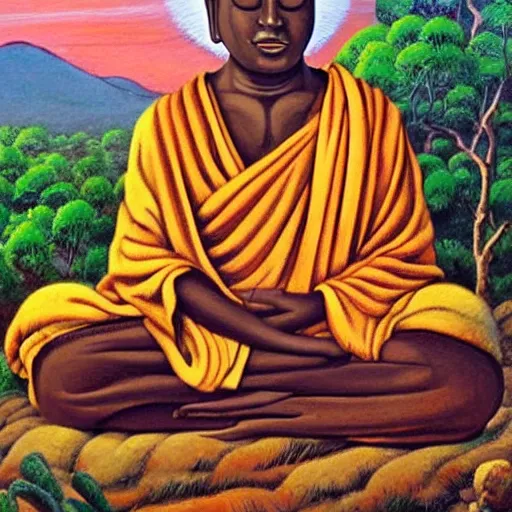 Prompt: contented peaceful south african!!! male!!! buddha, praying meditating, in a scenic environment, detailed, expressionist painting by ernie barnes and gerard sekoto