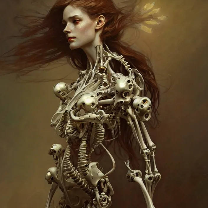 Image similar to bone cyborg, diffuse lighting, fantasy, intricate, elegant, highly detailed, lifelike, photorealistic, digital painting, artstation, illustration, concept art, smooth, sharp focus, art by john collier and albert aublet and krenz cushart and artem demura and alphonse mucha