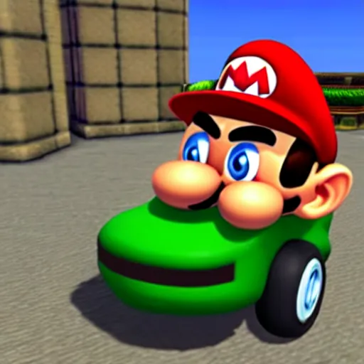 Prompt: photorealistic mr. bean in mario cart. n 6 4, nintendo, gamecube