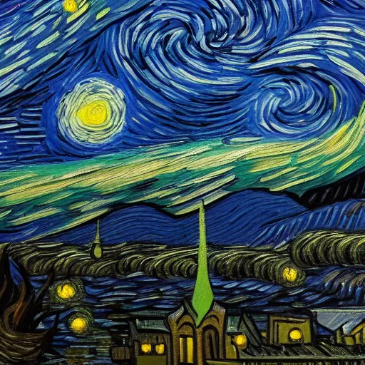 Prompt: A starry night sky, with a city in the distance, sharp focus, no blur, 50mm lens, 4k, by Vincent Parker and Vincent van Gogh