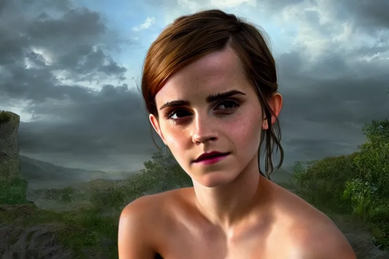 Image similar to emma watson, first person view, fantasy, painting, ultra realistic!!!, clear weather, golden hour, sharp focus