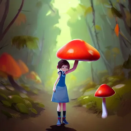 Image similar to goro fujita ilustration a cheerful girl collecting mushrooms in the forest, characterized by masamune shirow and bagshaw tom, character art, sharp focus, highly detailed, artstation