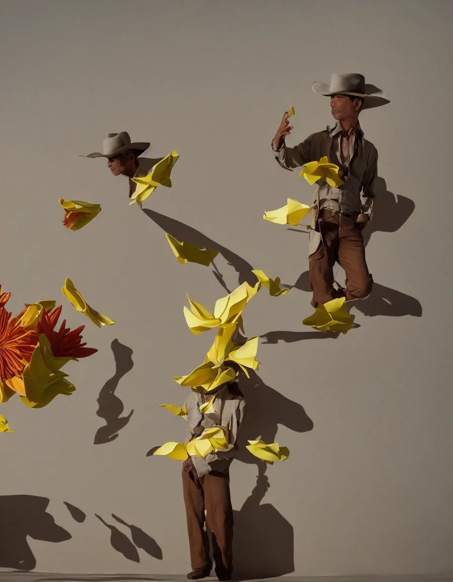 Image similar to a cowboy turning into blooms by slim aarons, by zhang kechun, by lynda benglis. tropical sea slugs, brutalist angular sharp tractor tires. complementary colors. warm soft volumetric dramatic light. national geographic. 8 k, rendered in octane, smooth gradients. origami sculpture by antonio canova.