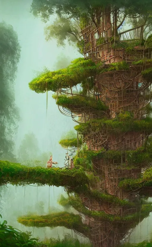 Prompt: a very tall tree with lots of plants growing on it, giant redwood treehouse, concept art by gediminas pranckevicius, cgsociety contest winner, fantasy art, dystopian art, made of vines, artstation hd