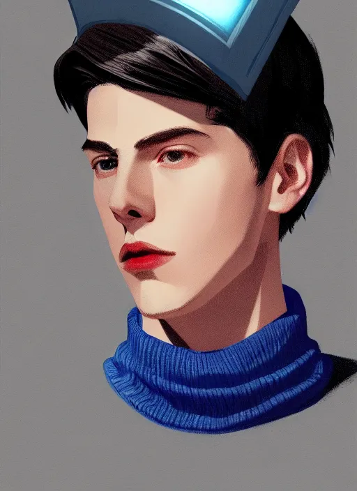 Image similar to portrait of teenage jughead jones, wearing a light grey crown, light grey crown, blue turtleneck, 1 9 5 0 s, intricate, elegant, glowing lights, highly detailed, digital painting, artstation, concept art, smooth, sharp focus, illustration, art by wlop, mars ravelo and greg rutkowski