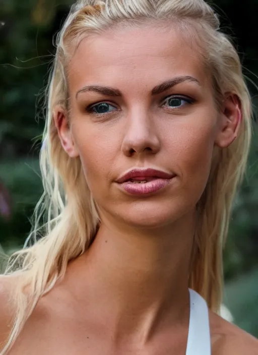 Image similar to photograph of an olive skinned blonde female in her late twenties, her hair pinned up, wearing a designer top, looking content