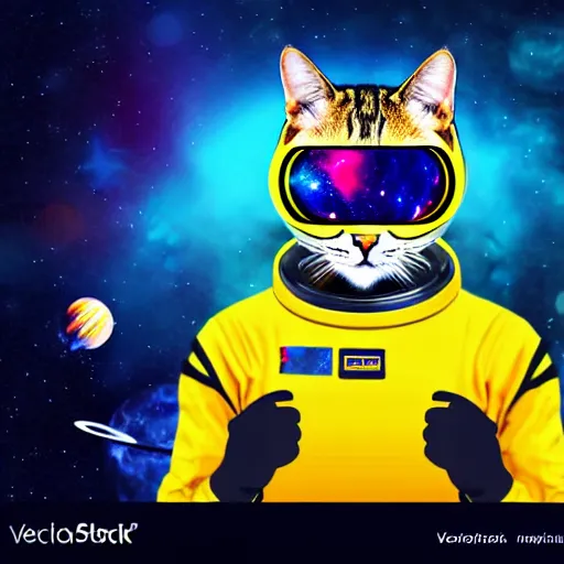 Image similar to A serious-looking cat wearing a space-suit, the background is inspired by two colliding galaxies, e-sports logo vector