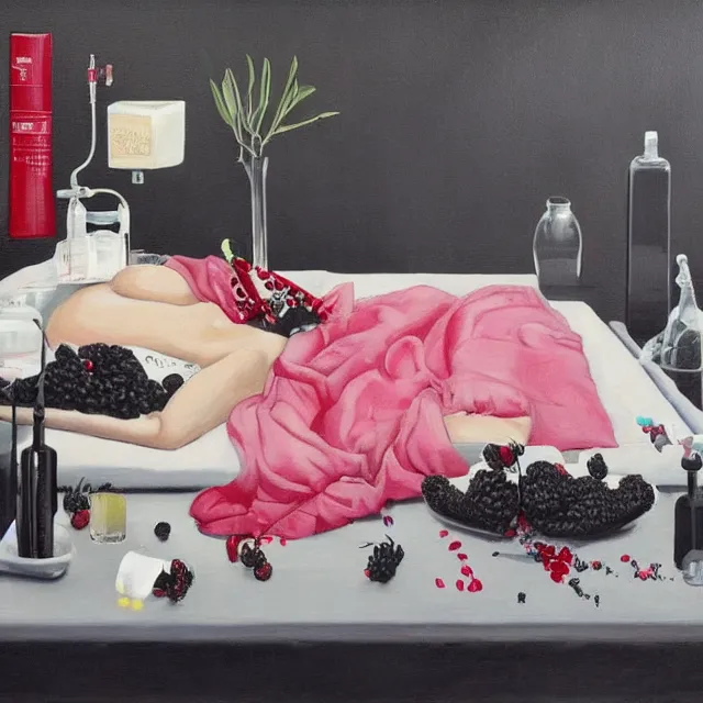 Prompt: bedroom with black walls and a futon, berry juice dripping, ikebana, a sensual portrait of a female pathologist holding a brain, intravenous drip, pomegranate, candles, octopus, sensual, pancakes, berries, surgical supplies, scientific glassware, candles, neo - expressionism, surrealism, acrylic and spray paint and oilstick on canvas