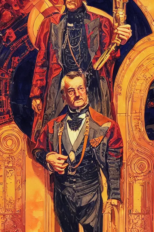 Prompt: zoomed out portrait of a duke, victorian era, art deco style, stylized illustration by moebius and juan gimenez, watercolor gouache detailed paintings in style of syd mead, ridley scott, metabaron, ghibli studio vibe, vivid colorful comics style, clean line, diesel punk, artstation