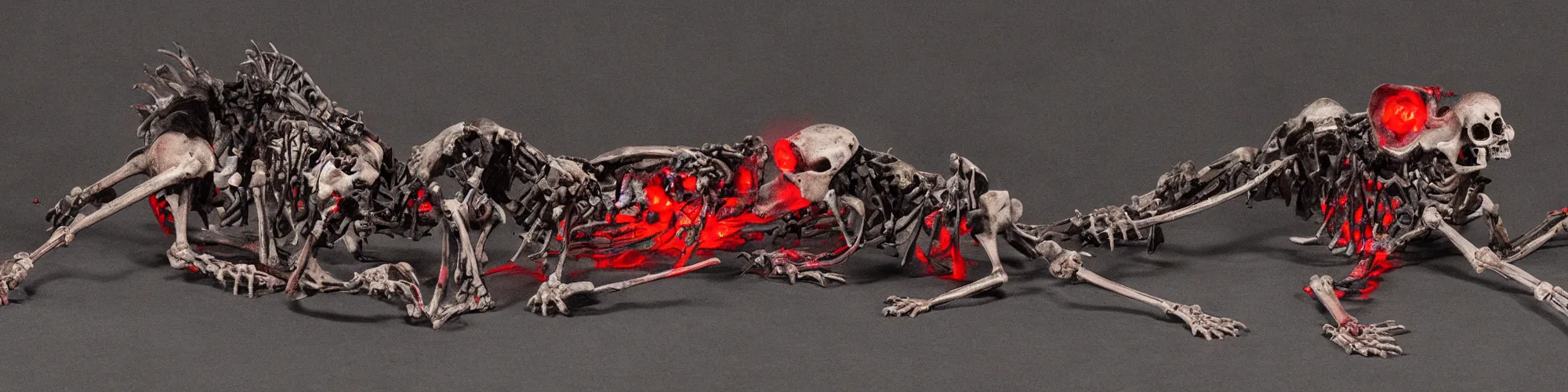 Image similar to a rat skeleton with glowing red eyes wearing black tattered robes and holding two blue flames