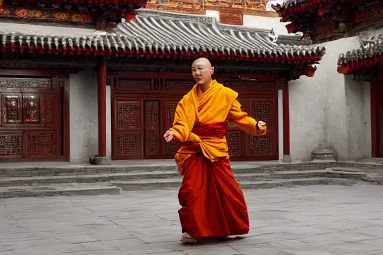 Prompt: VFX movie of a Tibetan monk dancing with fire in a Chinese courtyard by Emmanuel Lubezki