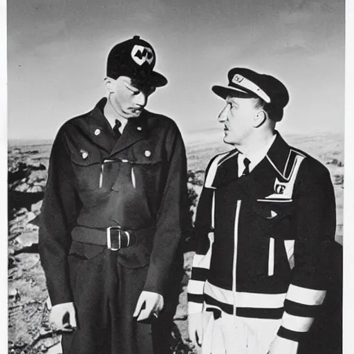 Image similar to 1 9 4 0 s photo of eminem having a rap battle with hitler on moon,