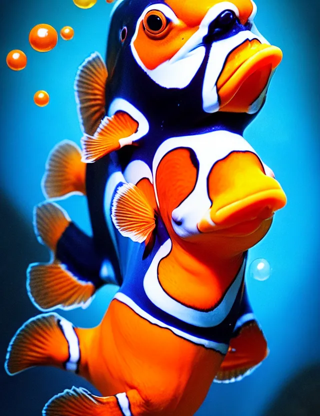 Prompt: an anthropomorphic bipedal clownfish that is dressed in blue robes, as a matte oil painting, d & d character art, by rembrandt, medieval fantasy, standing, arms and legs, bright, bubbles, magic, aura, extremely detailed, sharp focus