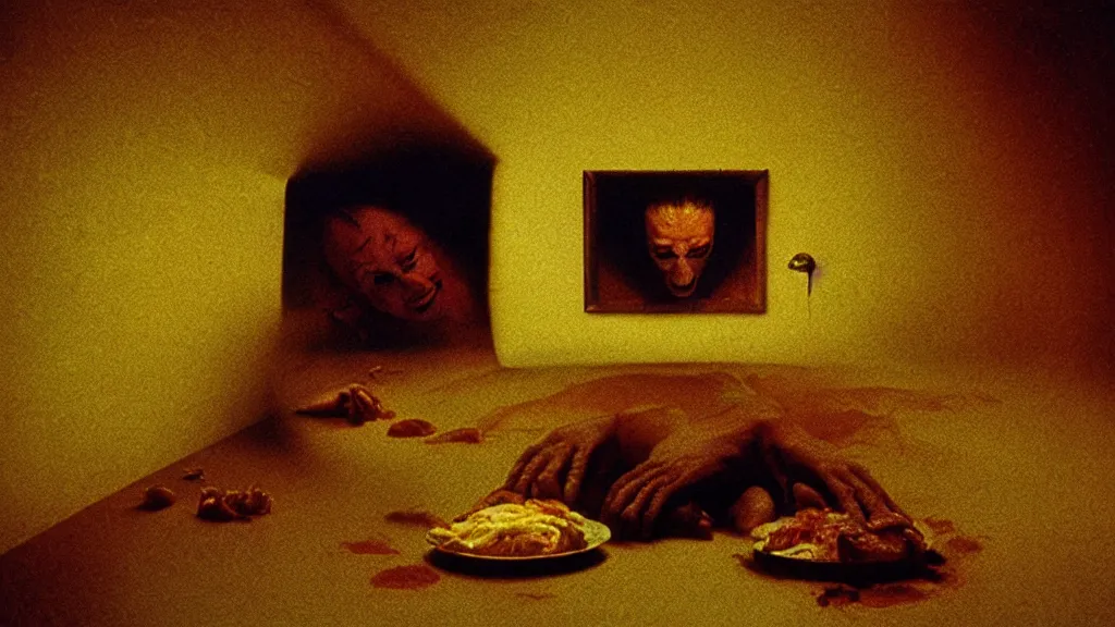 Image similar to the face with the plate of food under my bed, film still from the movie directed by denis villeneuve and david cronenberg with art direction by salvador dali and zdzisław beksinski, wide lens