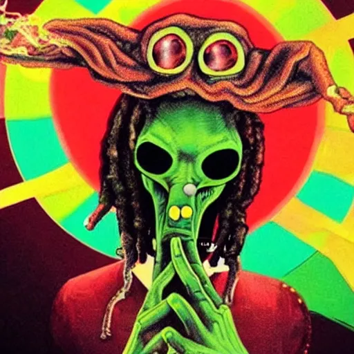 Image similar to alien smoking weed and getting high with snoop dogg, raggae art, # 4 2 0, # smokeweedeveryday, rasta