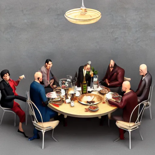 Image similar to a mafia family having dinner around a table, 3 d render octane, trending on artstation