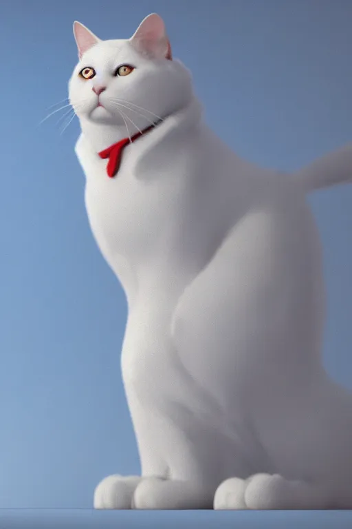 Image similar to a white cat with blue eyes wearing a red formal overcoat, hyperrealistic, concept art, octane render, unreal engine 5, realistic and defined face, profile picture, digital art, pixar and disney style, symmetrical, high quality, highly detailed, high coherence, path traced, house background, low contrast, beautiful