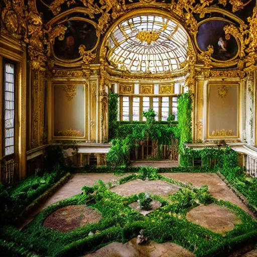 Image similar to a dream about inside opulent, ornate, abandoned overgrown Palace of Versailles, lush plants growing through the floors and walls, walls are covered with vines, beautiful, dusty, golden volumetric light shines through giant broken windows, golden rays fill the space with warmth, rich with epic details and dreamy atmosphere