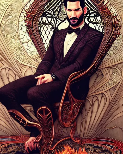 Image similar to tom ellis ( lucifer ) portrait sitting in art nouveau burning chair, fantasy, intricate devilish designs, elegant, highly detailed, sharp focus, art by artgerm and greg rutkowski and wlop