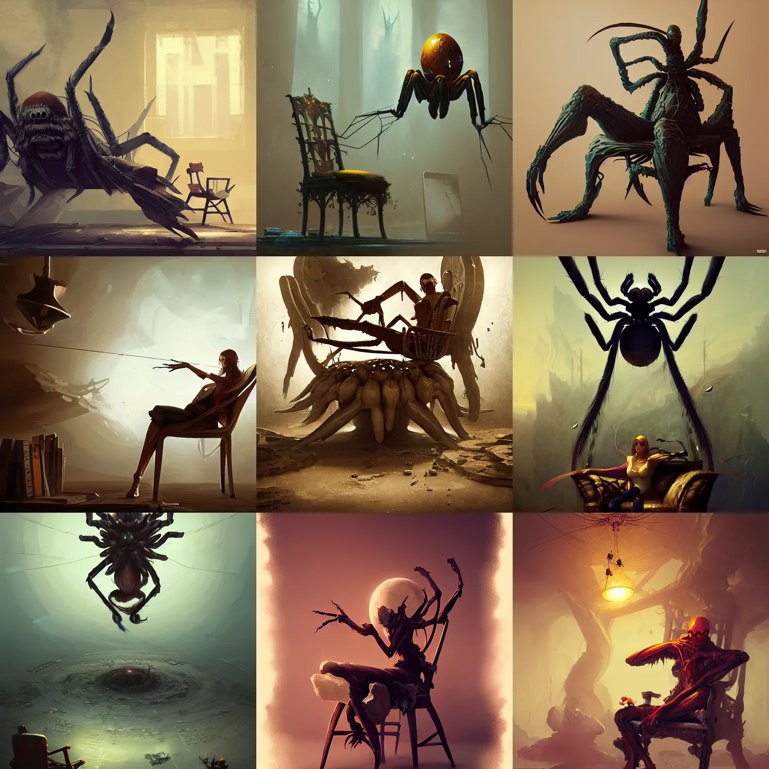 Prompt: giant spider in chair, by peter mohrbacher dan mumford craig mullins nekro, cgsociety, pixiv, volumetric light, 3 d render