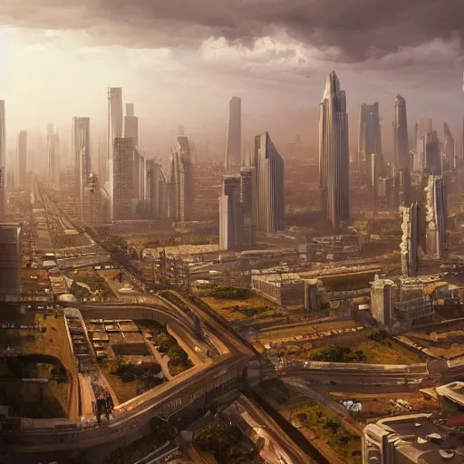 Image similar to A beautiful hyper-realistic detailed matte painting of city of Nairobi, dramatic lighting, dynamic lighting, cinematic lighting, lit by morning light, by Raphael Lacoste and John Howe and Andreas Rocha, unreal engine, featured on artstation, ultrawide angle, f8, polarizer filter