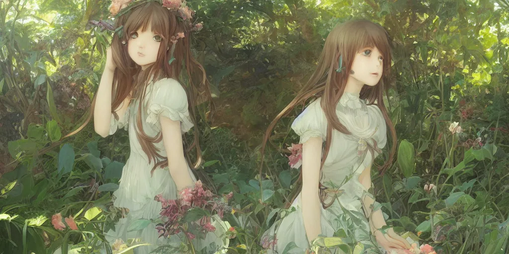 Prompt: a digital art of a loli with long hair in a dress in the privet garden at after noon, green and warm theme, by krenz cushart and mucha and akihito yoshida and greg rutkowski and makoto shinkai, detailed eyes, 4 k resolution 、 trending on art station