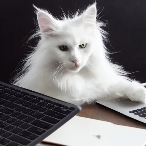 Image similar to long haired white cat creating a website on a laptop