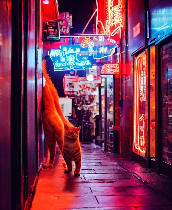 Image similar to an orange tabby cat roaming the streets of a cyberpunk city populated by humanoid robots. wet floors with neon sign store fronts at night. professional night photography