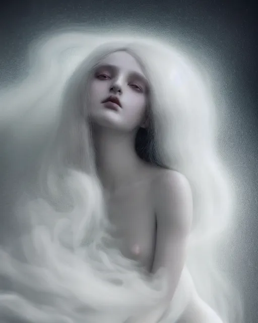 Prompt: soft, dreamy, subsurface scattering, white, young beautiful goddess in cosmos with very long white hair floating in air, fluid smoke art, black and white, octane render, dino valls, mark ryden, joe fenton, michal karcz, highly detailed, rim light, art, cinematic lighting, very coherent, hyper realism, 8 k