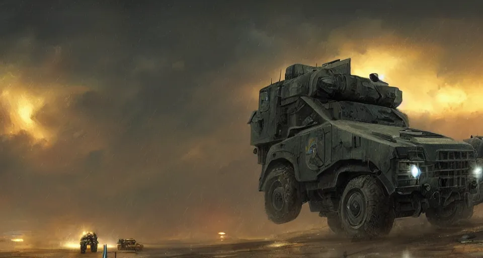 Image similar to an image of a military vehicle in the night on a deserted planet with blue headlights on by Paul Chadeisson, atmospheric, stormy weather, concept art, high detail, intimidating, cinematic, Artstation trending, octane render