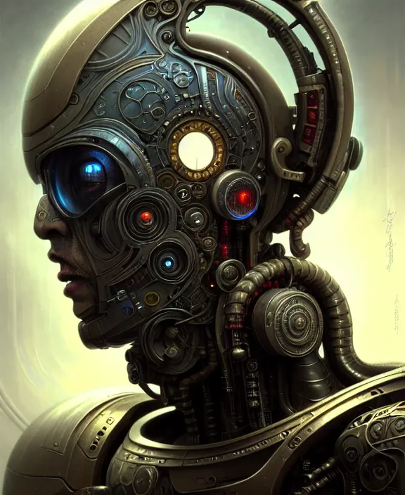 Image similar to portrait shot of a cyberpunk robot, intricate, elegant, highly detailed, centered, digital painting, artstation, concept art, smooth, sharp focus, illustration, artgerm, tomasz alen kopera, peter mohrbacher, donato giancola, joseph christian leyendecker, wlop, boris vallejo