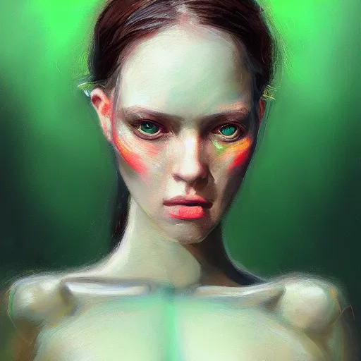 Image similar to a portrait of an intensely lit monstruous insect girl modeling, green, oil painting, pale colors, high detail, 8 k, wide angle, trending on artstation,