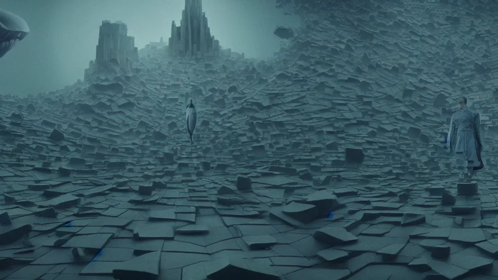 Image similar to a strange, fantastical dreamscape, in the style of jakub gazmercik, max masnyy, jakub gazmercik, beeple, patrick faulwetter, heavenlydaemonic, and mc escher, surrealism, film still from the movie directed by denis villeneuve