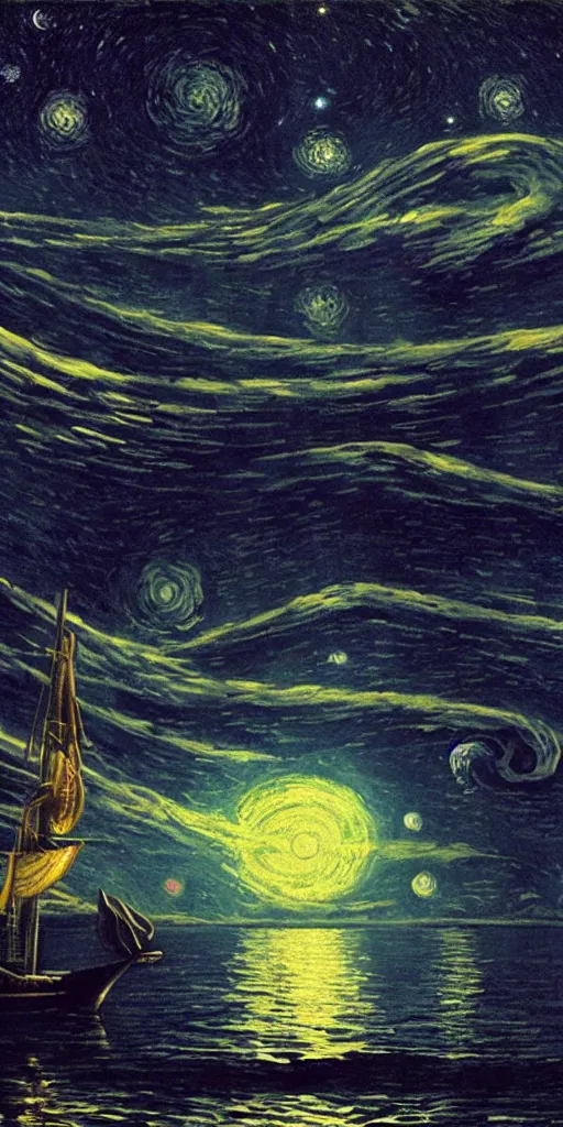 Prompt: matte painting. it's the way of a cosmic sailor, in a boat in the night, but the wolves are not scaring him, starry night, glow, beautiful milkyway, scary, sifi, deep space, dark cyberpunk