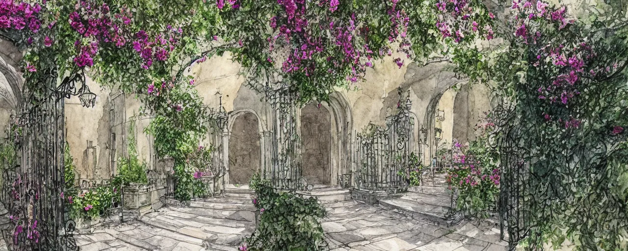 Prompt: huge flower, courtyard walkway, castle, stairway, chairs, wrought iron, gate, tree, delicate, botanic garden, road, botanical herbarium paper, watercolor colored painting, iridescent colors, 8 k, realistic shaded, fine details, artstation, italian style, colonnade