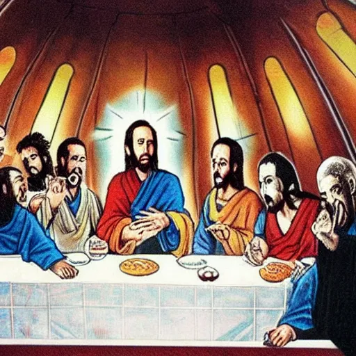 Image similar to nic cage in the last supper as painted by akira toriyama