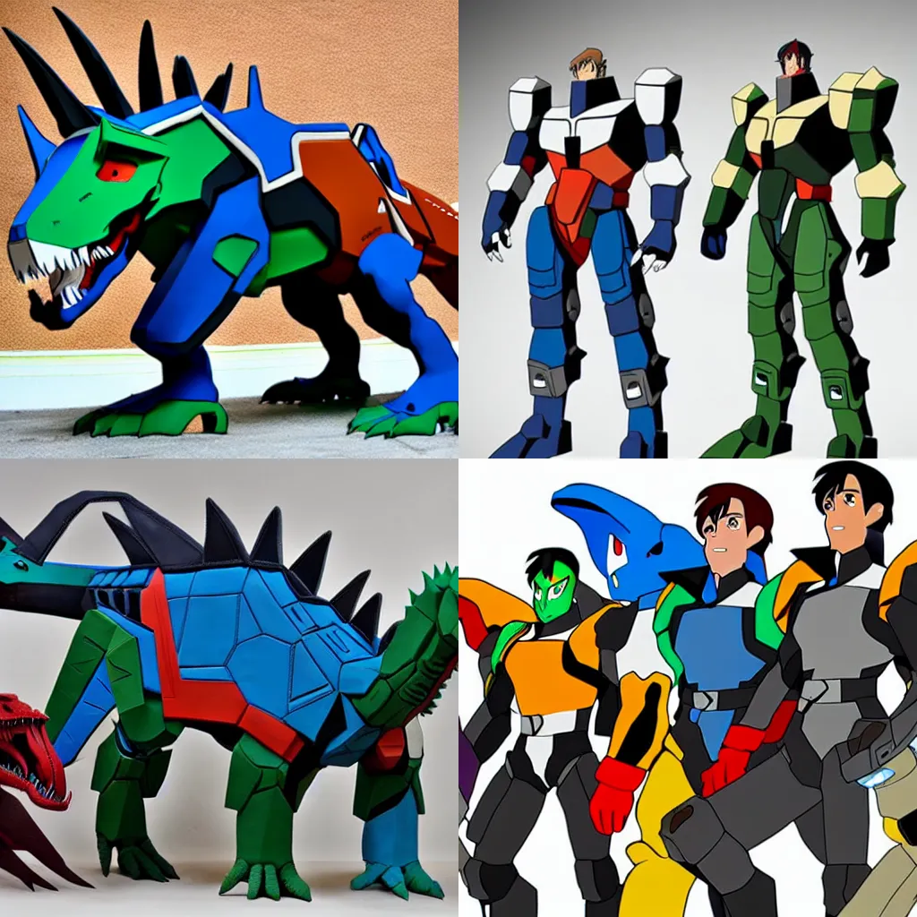 Prompt: voltron made from real leather dinosaurs